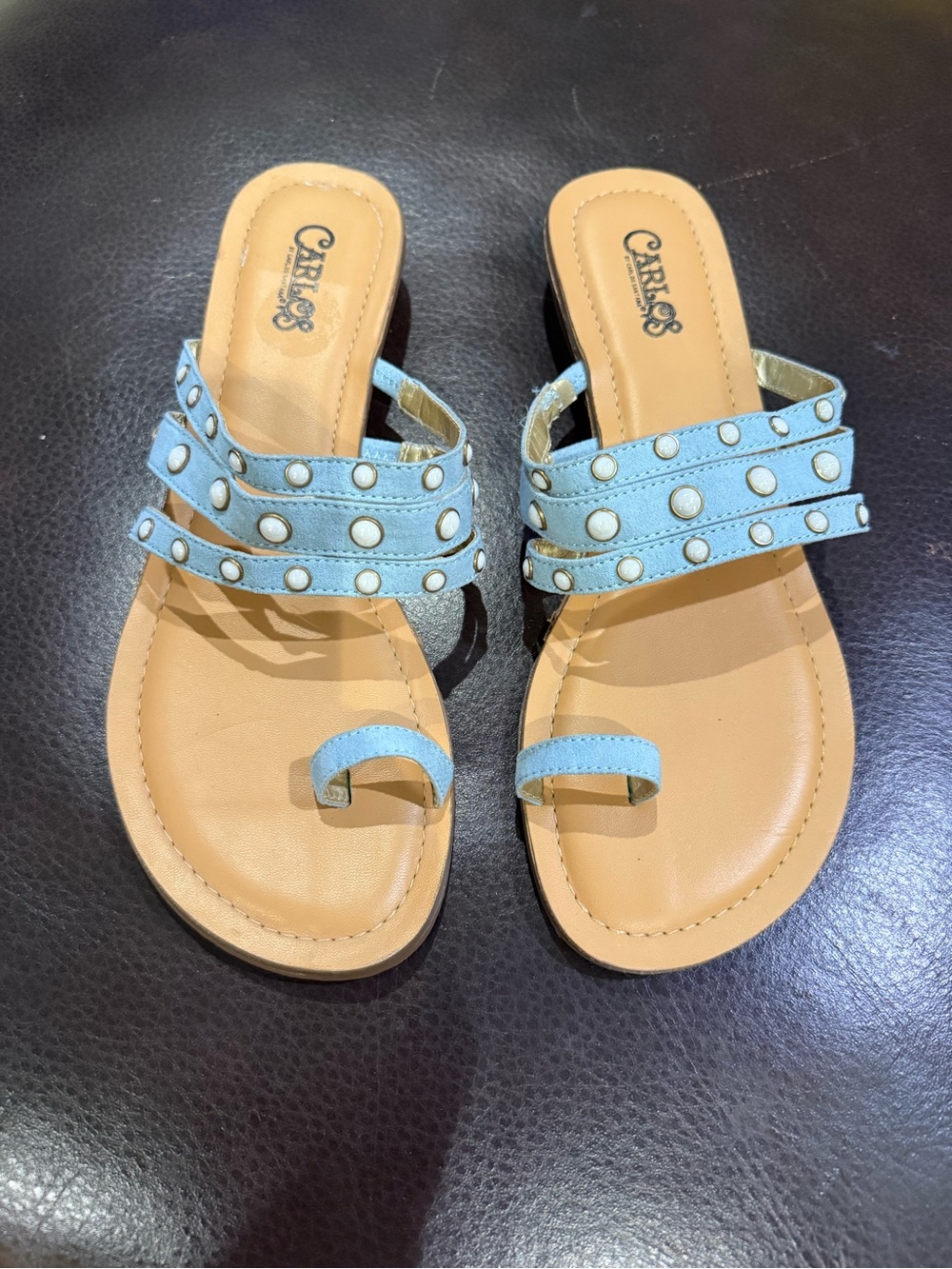 Carlos Santana Light Blue Studded Toe-Ring Slide Sandals